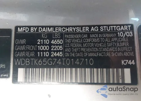 2004 Mercedes-Benz Clk 320 из США, поврежденный, VIN WDBTK65G74T014710